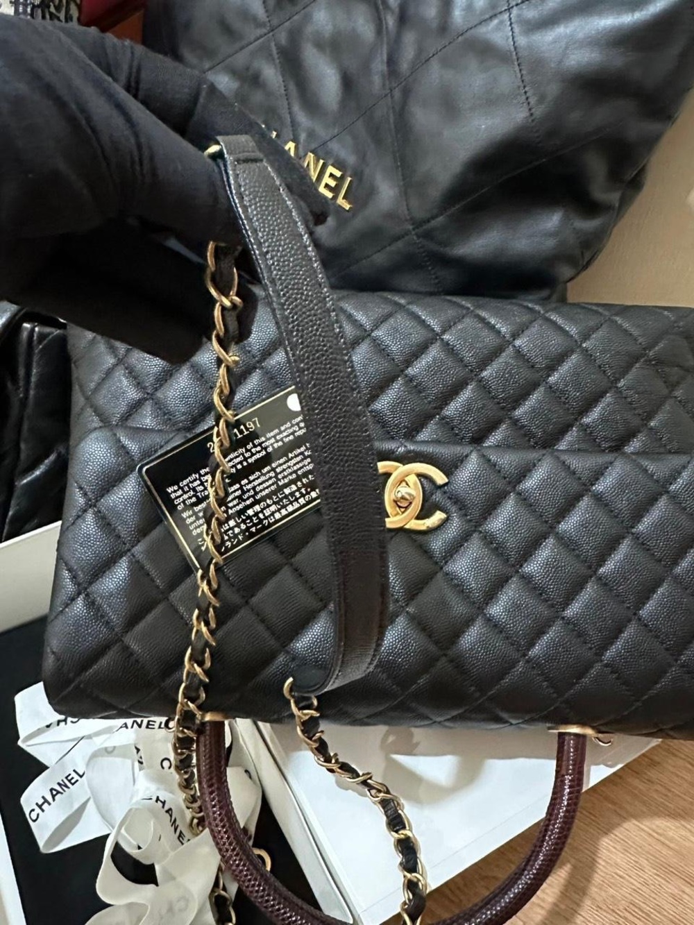Chanel Large Coco Quilted Top Handle Bag in Black and Burgundy - Picture 2 of 9